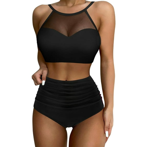 Baqcunre Bikini Sets for Women, 2025 New Bikini Women's Split Swimsuit Solid Color Mesh Splicing Swimsuit, Women's Swimwear One Set Black L