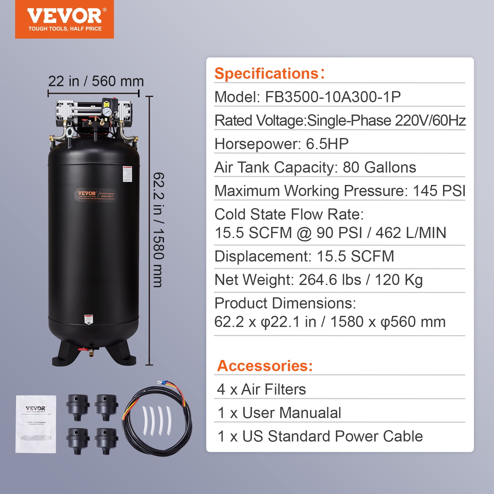 VEVOR 80 Gallon Compressor, 6.5HP, 15.5SCFM@90 PSI, Dual-Stage 145PSI, Oil-Free, 86dB Quiet Operation, Ideal for Manufacturing, Construction, Auto Repair