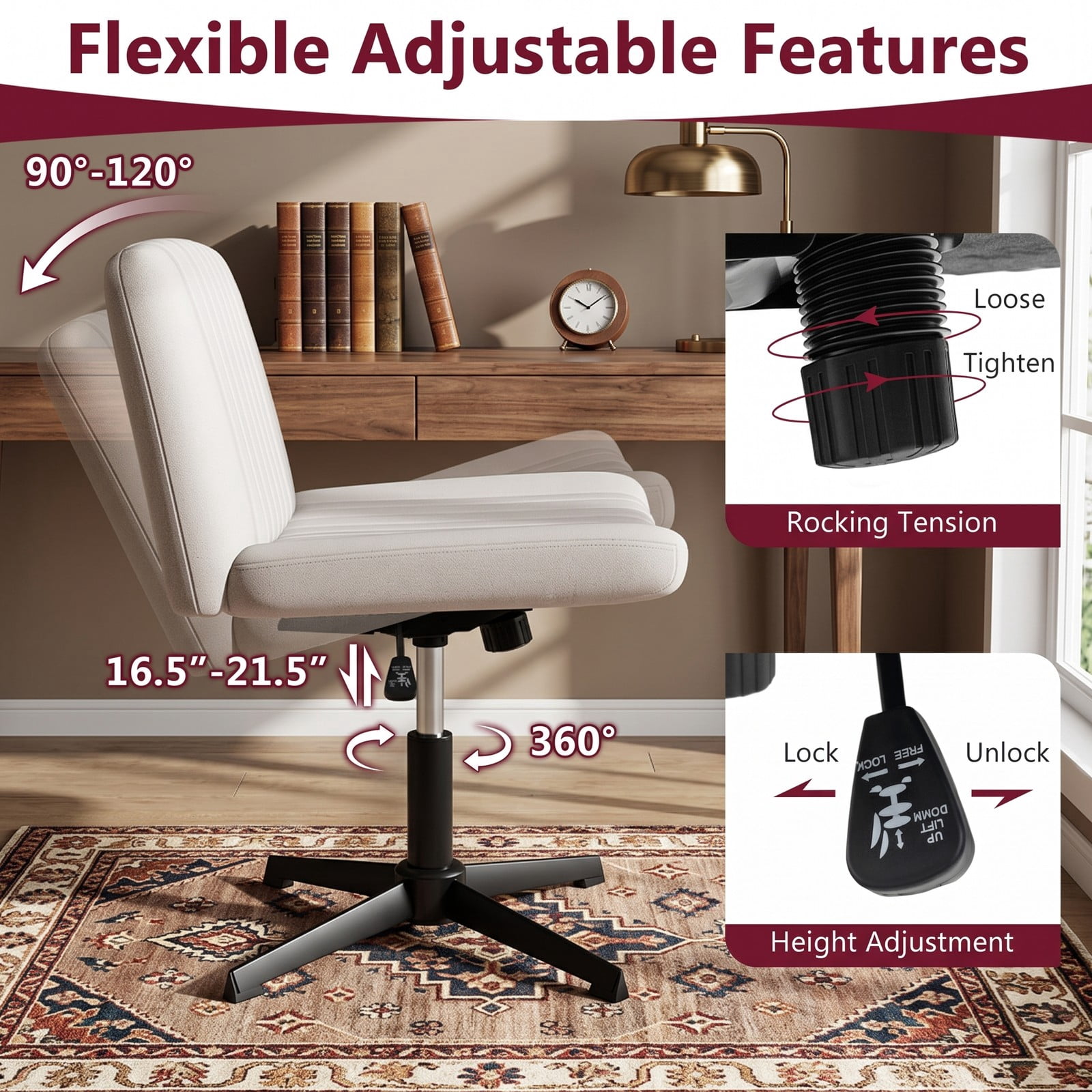 Furnibear Criss Cross Swivel Desk Chair No Wheels, Wide Armless Home Office Task Chair with Linen Upholstery, Height Adjustable Rocking Cross-Legged Accent, Beige