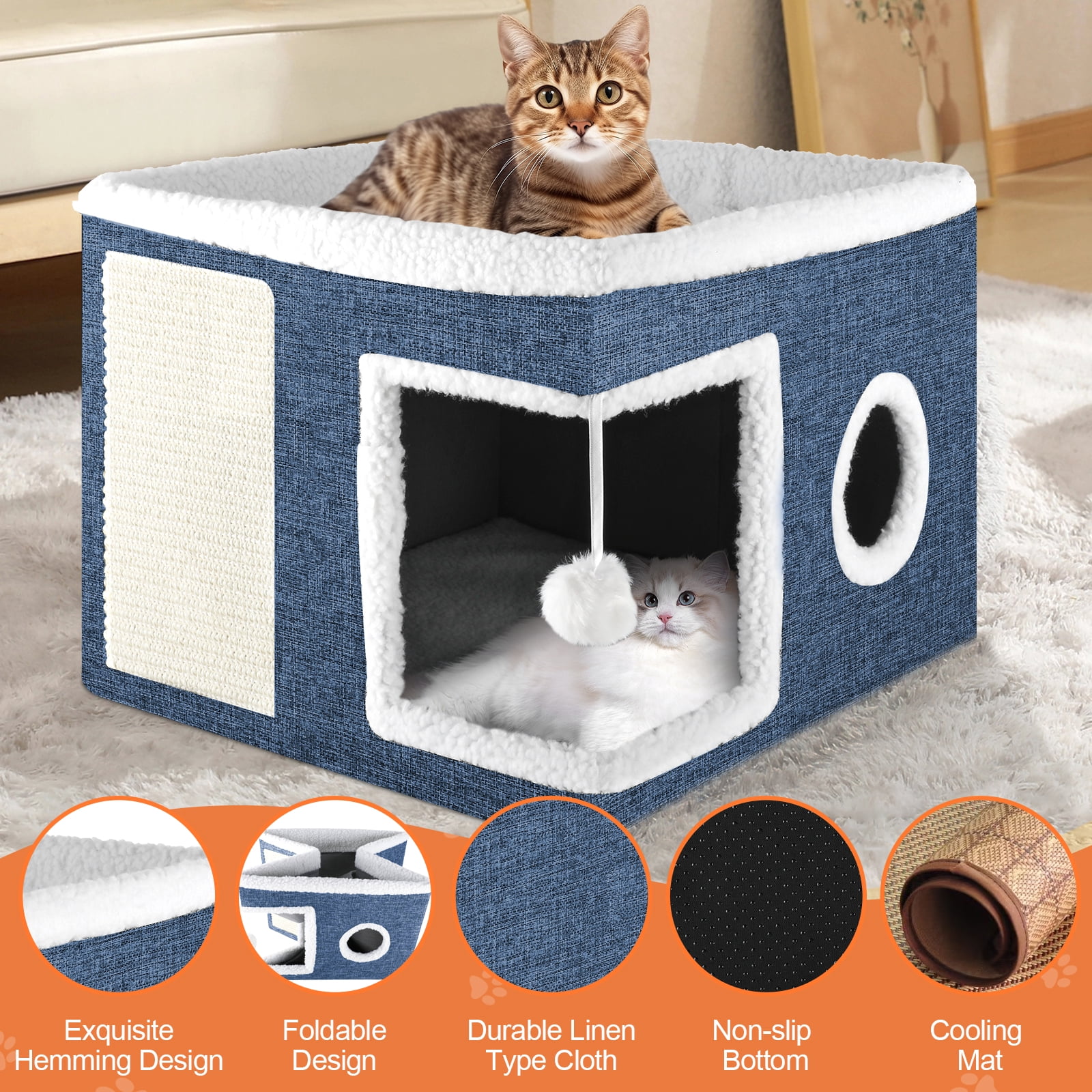 Cat Bed YUWENUS Cat House for Indoor Cats with 2 Cushion, Large Cat Cave with Scratch Pad and Fluffy Ball Hanging,Blue
