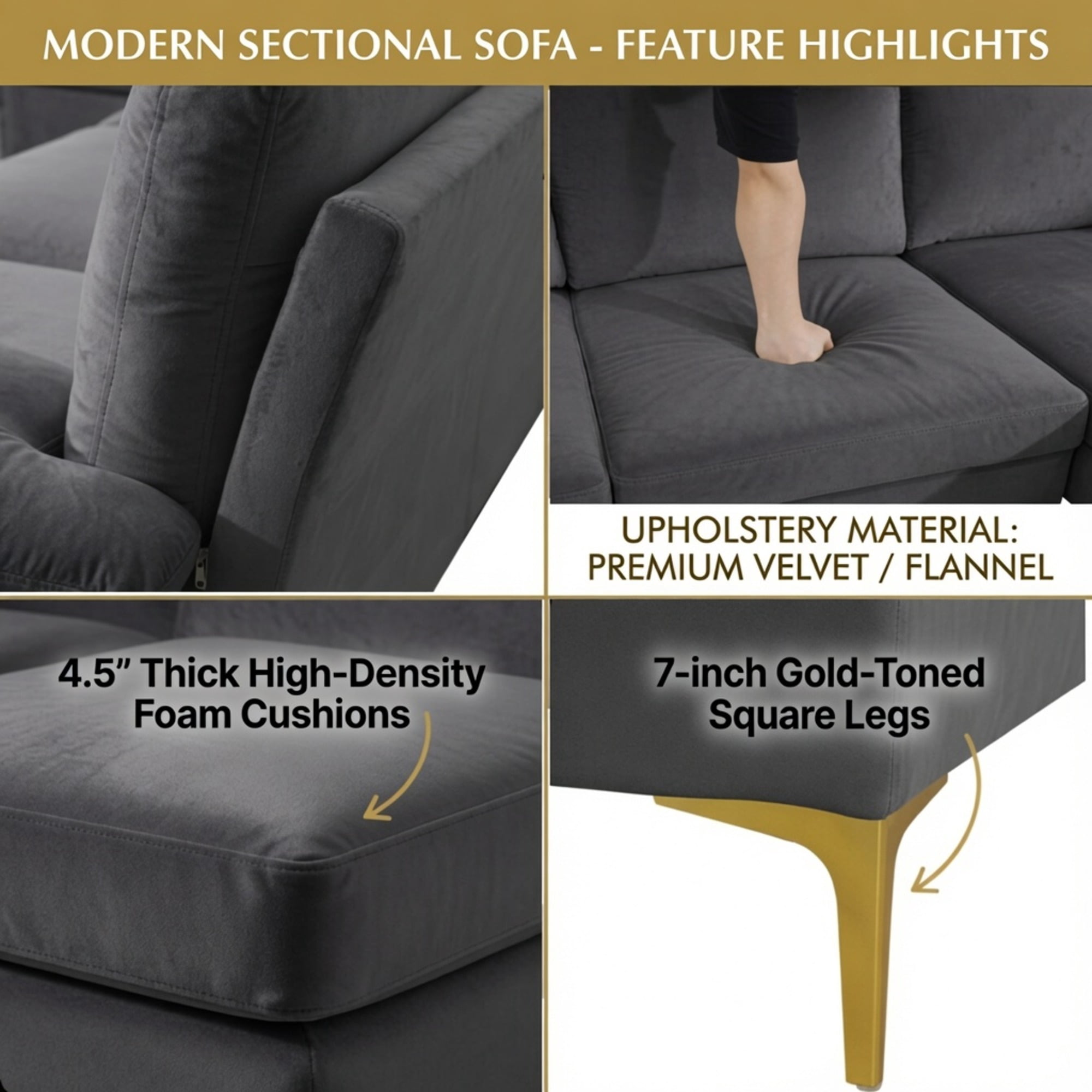 Howcool 99.5" U-Shaped Sectional Sofa with Double Chaise,4-Seater Couch with Gold Legs for Living Room,Black Gery