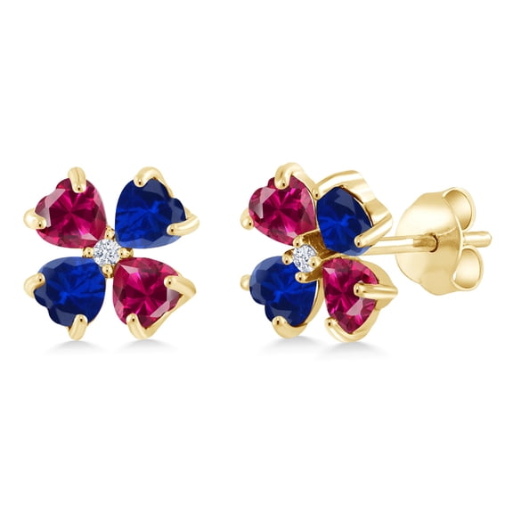 Gem Stone King 18K Yellow Gold Plated Silver Red Created Ruby and Blue Created Sapphire Earrings for Women | 3.23 Cttw | Gemstone July Birthstone | Heart Shape 4MM