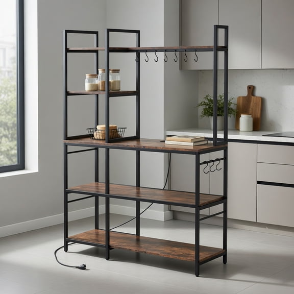 Barara King 5-Tier Bakers Rack with Power Outlets and 10 S-Shaped Hooks-Rustic Brown