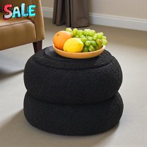 Tcbosik Teddy Velvet Macaron Ottoman with Storage, Black Plush Round Footrest & Extra Seat, 15" Dia x 11.8"H, Multi-Use Stool for Home, 300 lbs Weight Capacity
