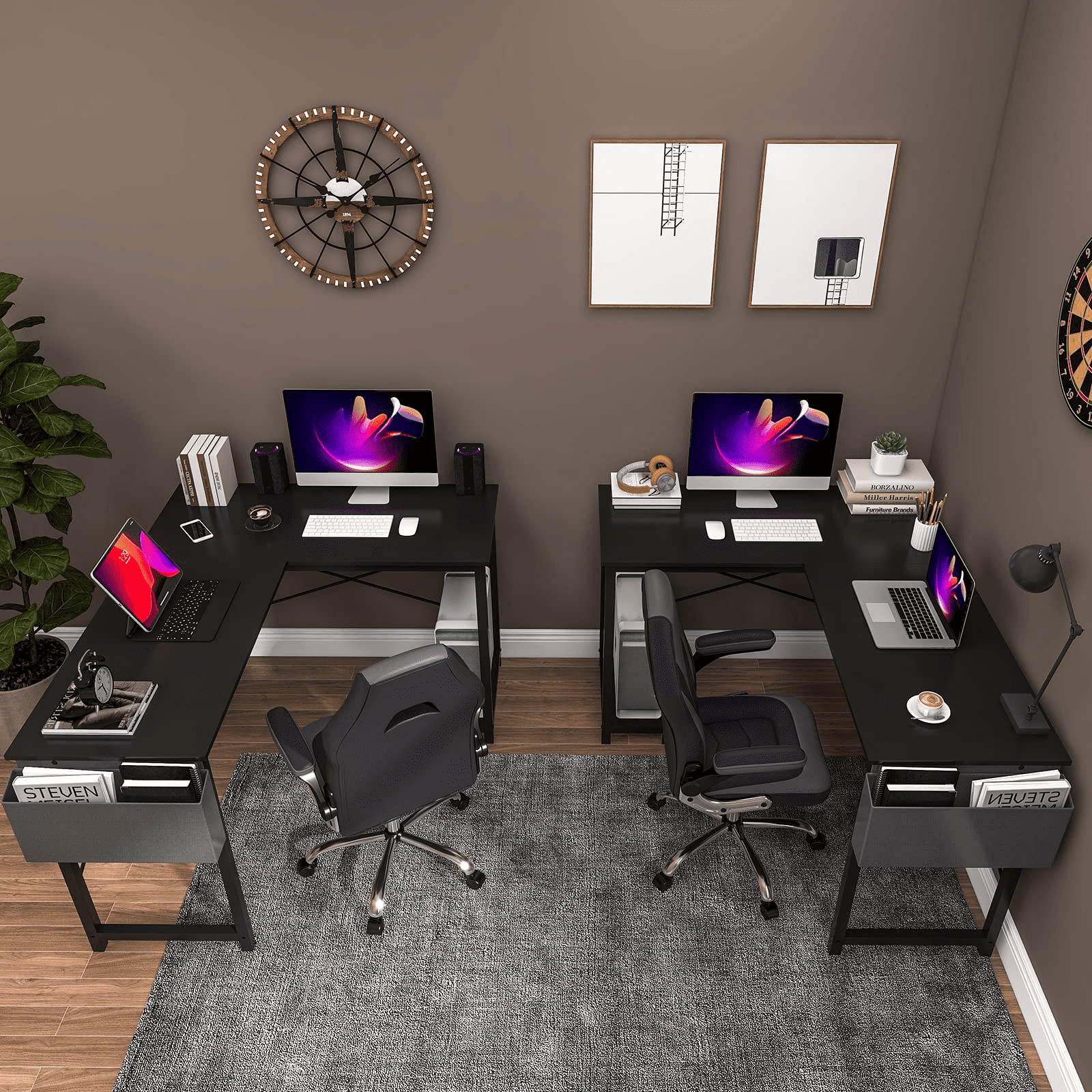 Office Desk, L Shaped Corner Computer Desk with Side Storage Bag and CPU Stand Shelf, 49 Inch, Black