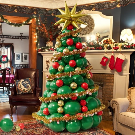 Christmas Balloon Garland Arch Kit with Christmas Tree Balloons (red, green, gold), Christmas Gold Starburst Balloons and Xmas Hanging Supplies for New Year, Winter and Christmas Party Decorations