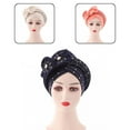 thumbnail image 1 of Solid Color Pre-Tied Cross Wrap Turban Beanie Flower Decor Rhinestone Headscarf Cap Hair Accessories, 1 of 8