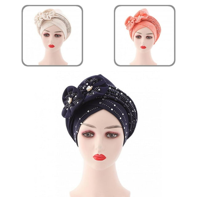 Solid Color Pre-Tied Cross Wrap Turban Beanie Flower Decor Rhinestone Headscarf Cap Hair Accessories