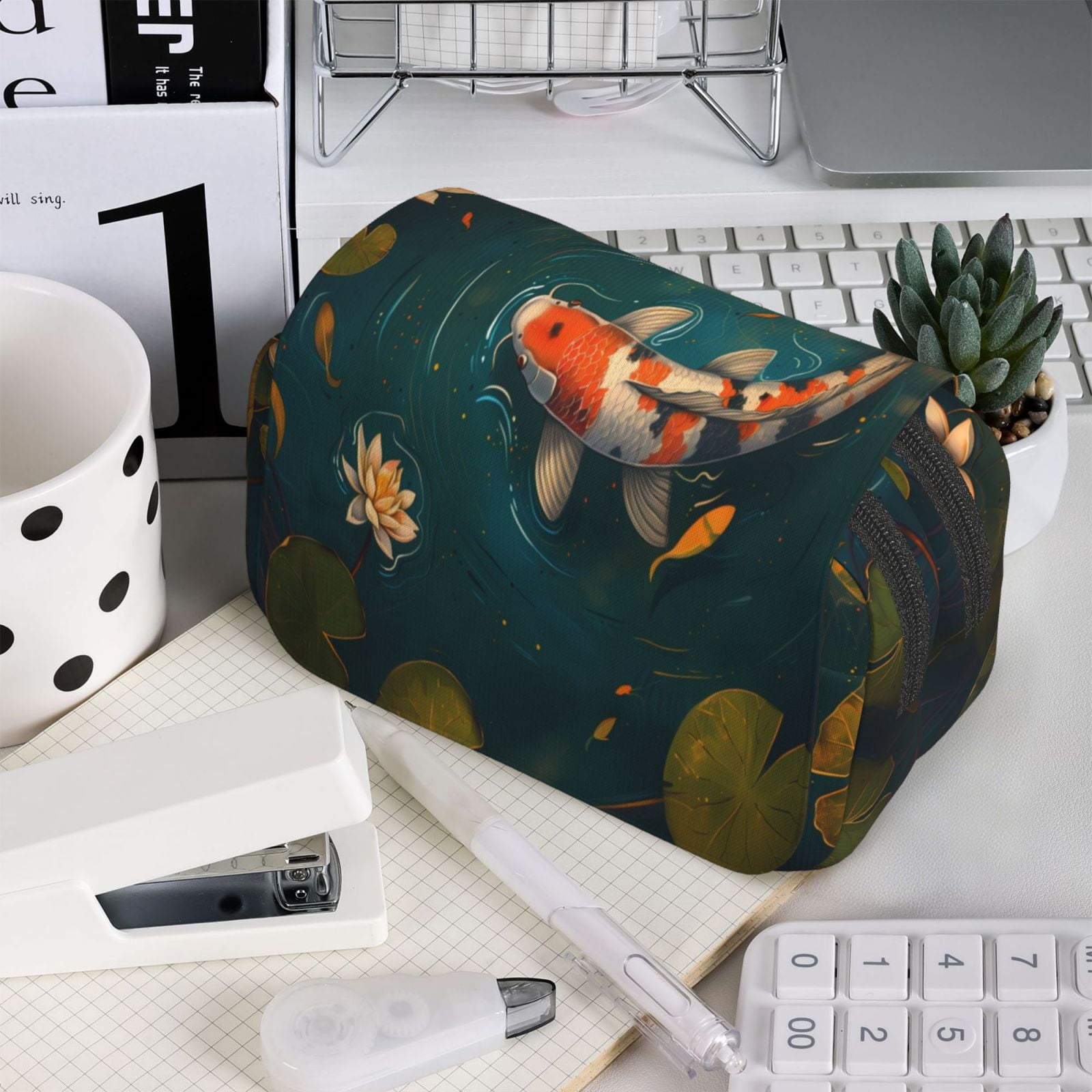 Rateoe Koi Pond Lilies Pattern Double Clamshell Pen Case, Storage Organizer with Two Zipper Compartments– Holds Up to 50 Pencils & Pens