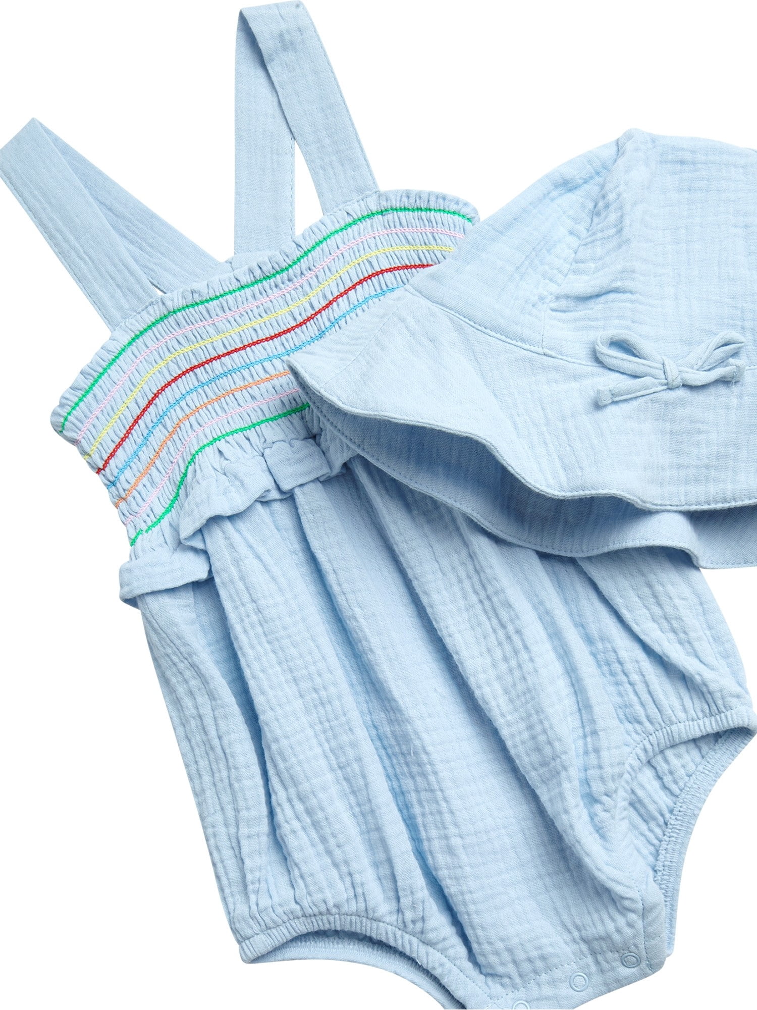 Jessica Simpson Baby Girls' Smocked Cotton Romper with Sun Hat Set, 2-Piece, Sizes 0M-24M