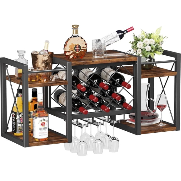 Wall Mounted Wine Rack with Glass Holder, Wood-Metal Retro Bar Shelf, Wine Bottles Display Wall Storage for Kitchen Dining Room Home Bar(Rustic Brown)