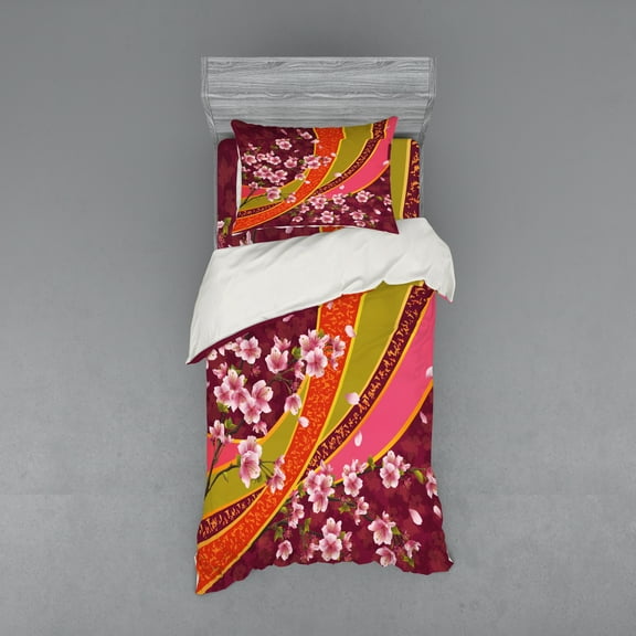 Ambesonne Flower Bedding Set 3 Pcs, Sakura Blossom Japanese, Twin XL, Pale Pink Orange
