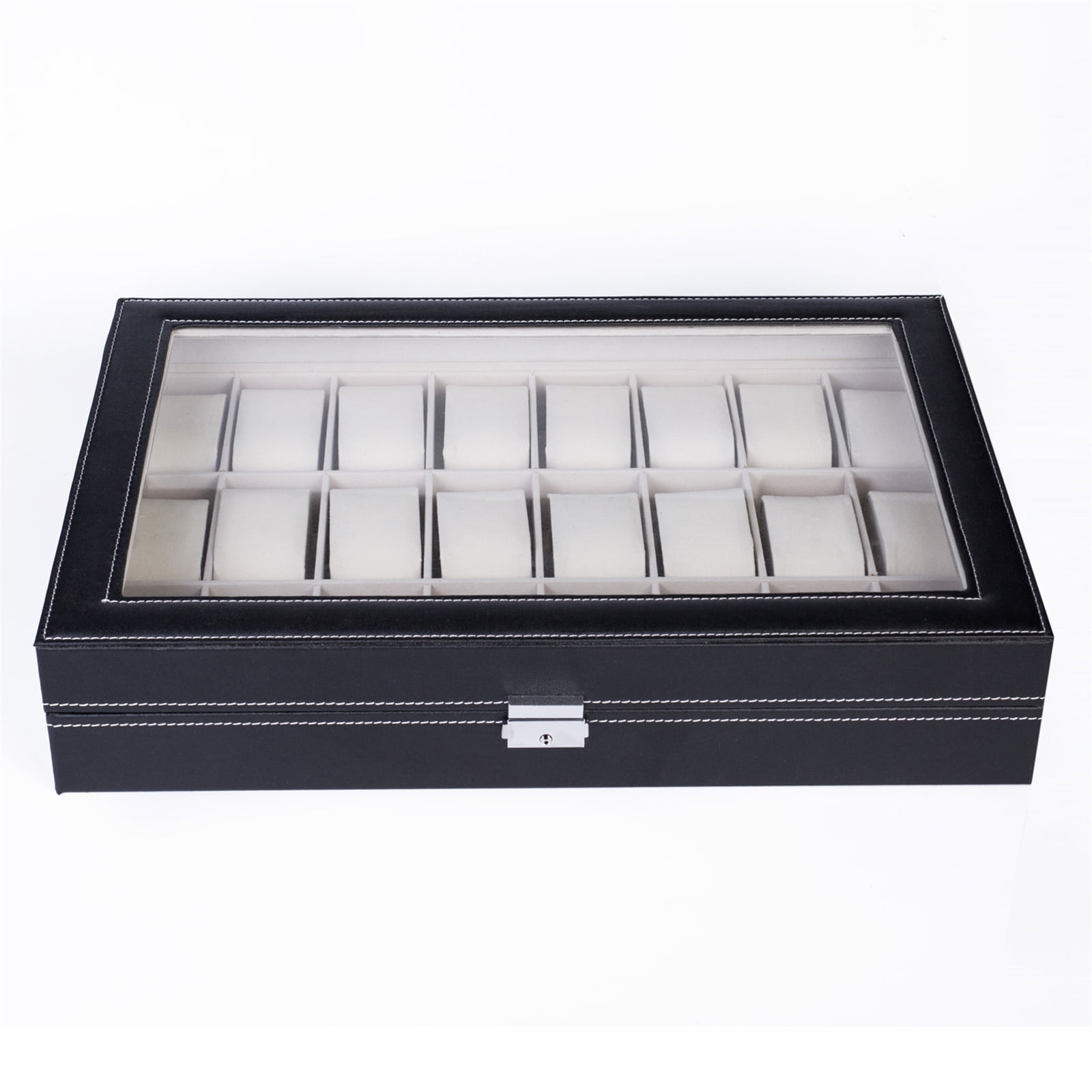 Leather Watch Collection Box 24 Compartments Top-level Opening Style, Black