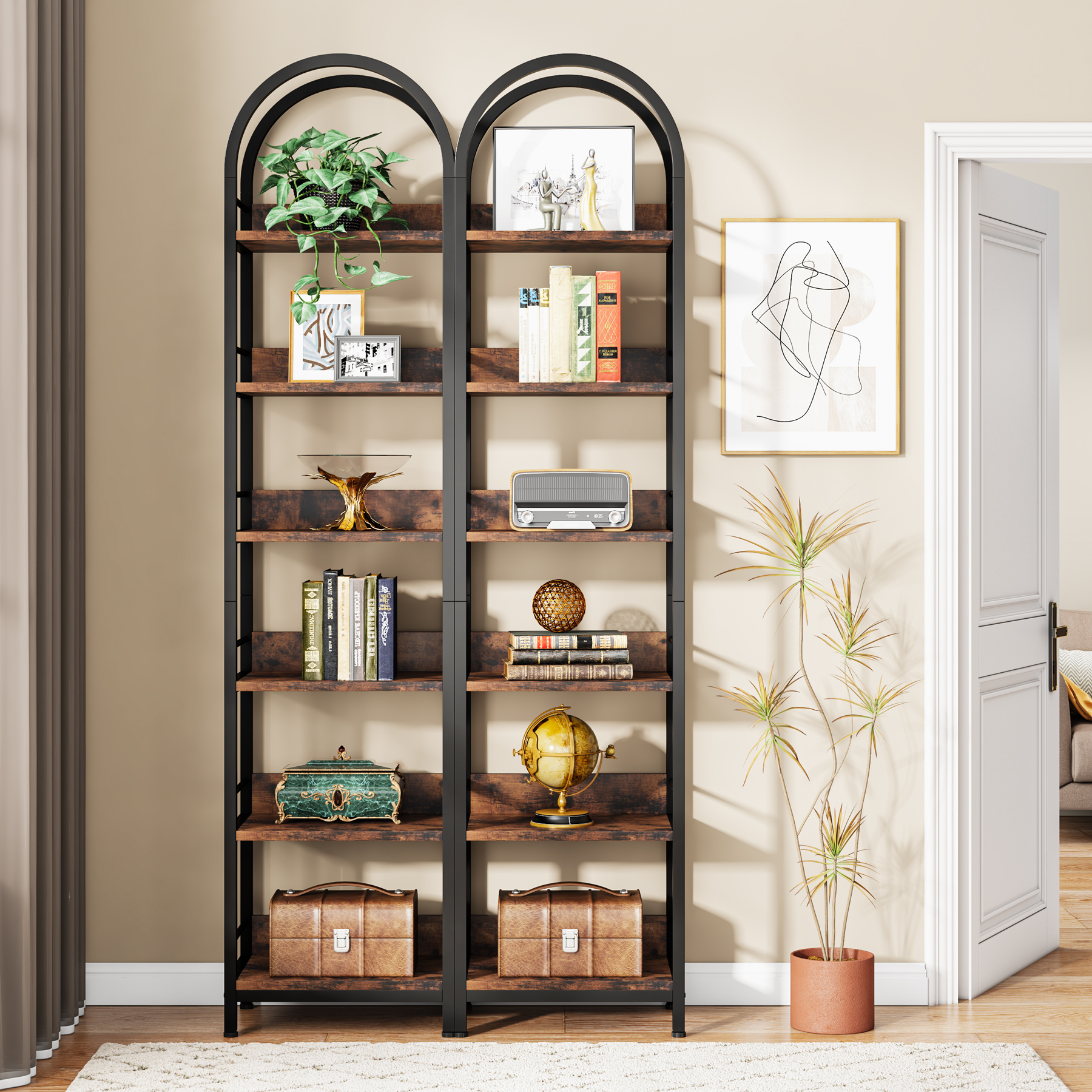 Tribesigns 6-Tier Open Bookshelf, 78.7" Tall Arched Bookcase with Metal Frame, Freestanding Corner Bookcase for Living Room