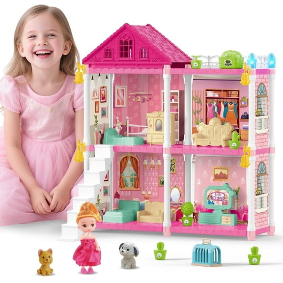Freecat Dollhouse Kit for Girls, 4 Rooms, 98PCS Building Toys for Girls Ages 3-6 Years, Birthday Christmas Pretend Play Gift for Little Girl.
