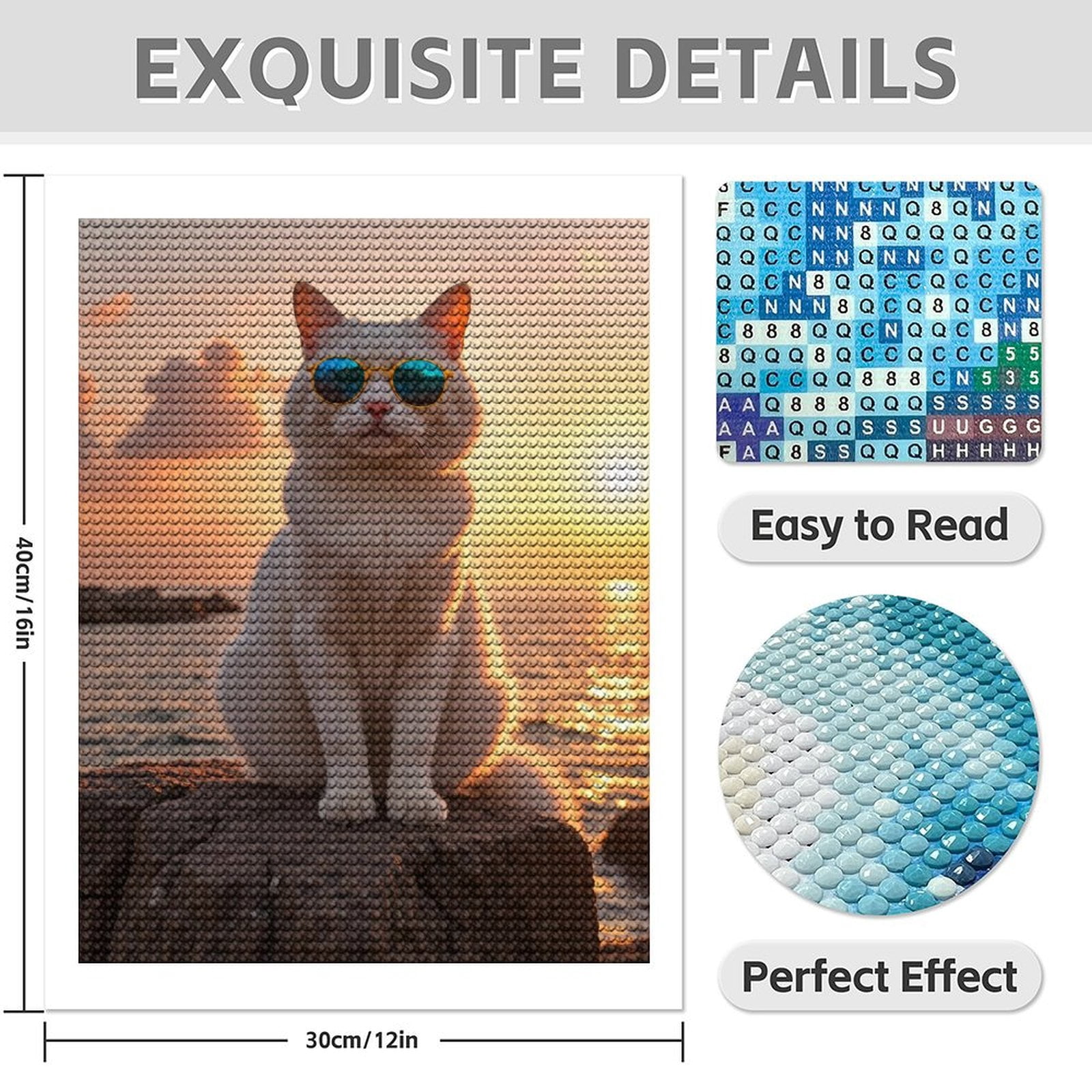 Diamond Art Kit for Adults, Cat Sunglasses Sunset Ocean Rock Diamond Painting for Adults Beginners, DIY Diamond Art Painting Kits, 5D Diamond Painting Crafts for Home Decor 12x16 Frameless