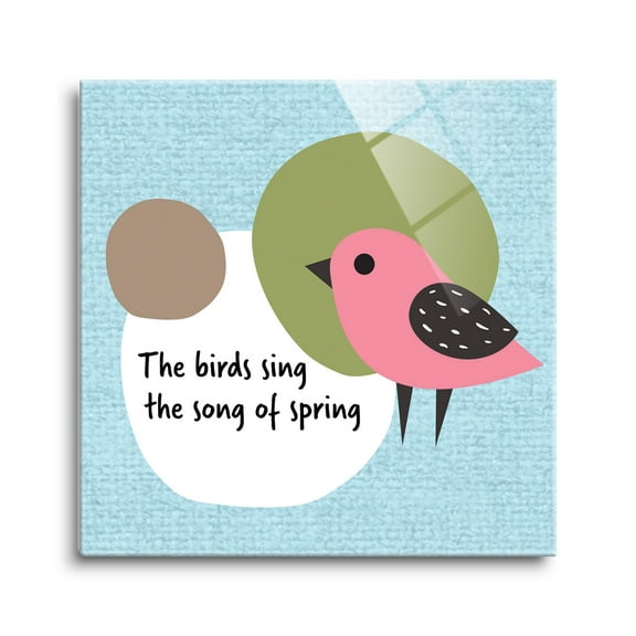 Birds Sing Of Spring Pink Bird Blue 8 x 8 Glass Wall Hanging Sign