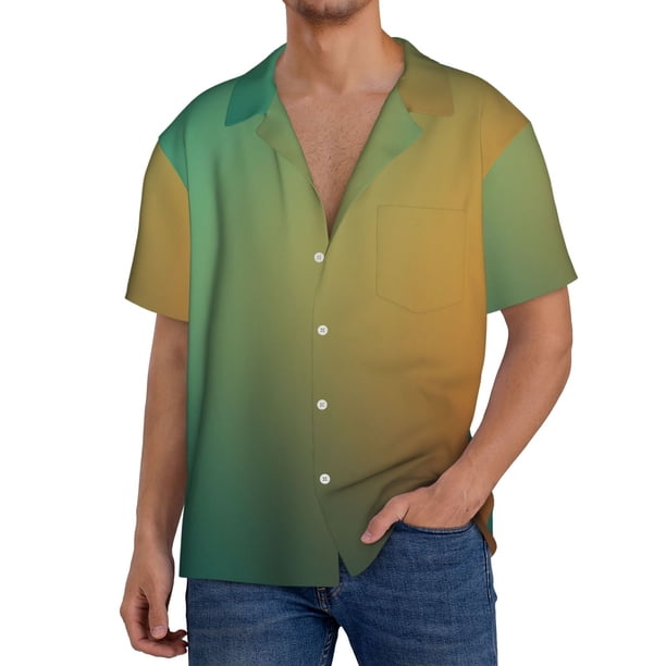 Balery Orange To Teal Gradient Camisa Casual de Manga Corta con Botones para Hombre, Texturizada, Estilo Cubano, para Playa, Verano-Large