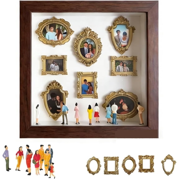 DIY Mini Museum Silhouette Box–Celebrate Your Unique Memories in Style, Personalized DIY Photo Family Memory Display Case Frame Silhouette Box with Gold Mini Frames & Figurines