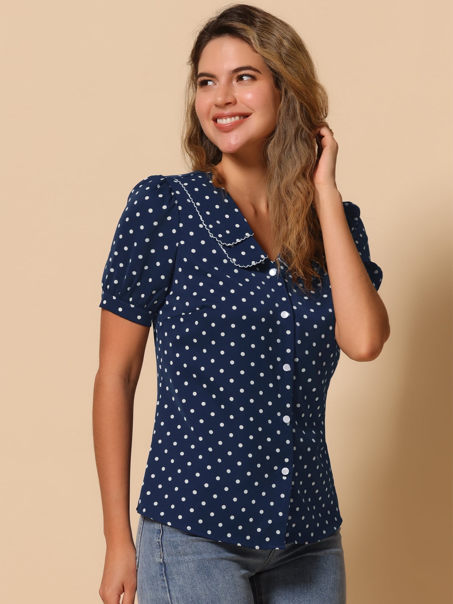 DARING DIVA Women's Polka Dots Peter Pan Collar Puff Sleeve Shirt Top S Dark Blue