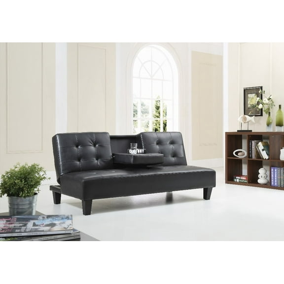 Modern Black Leather Sofa Bed 220cm with Drop-Down Console