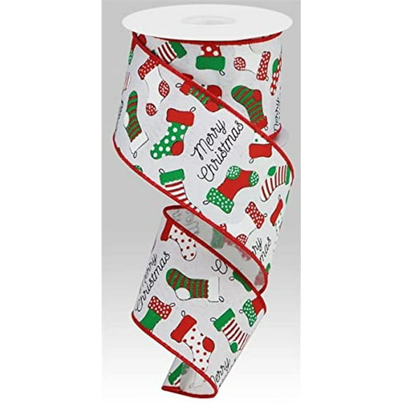 Christmas Stockings Royal Canvas Wired Ribbon, White Red Emerald Green - 10 Yards x 2.5 Inches)
