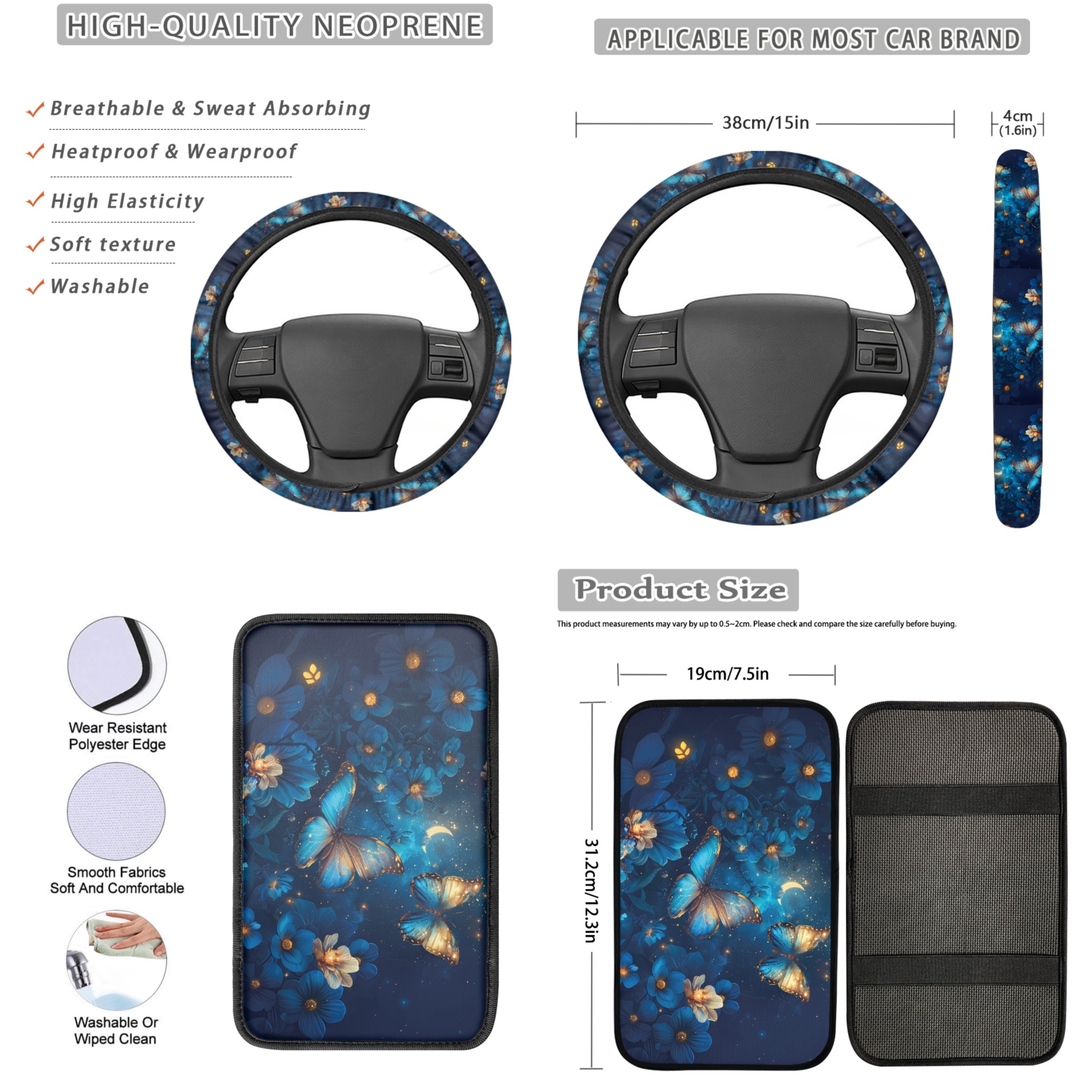 Jeiento Butterfly Car Seat Covers Full Set with Steering Wheel Cover Safe Belt Pads Coasters Center Console Cover Keychain Chapstick Holder Blue 13 PCS Auto Interior Sets Accessory