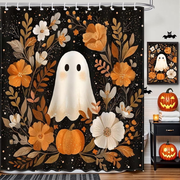 Halloween Ghost Shower Curtain Cute Ghost Boo Floral Pumpkin Bathroom Shower Curtain Black Halloween Shower Curtains Bathtub Decor with 12 Hooks 72 X 72 Inch