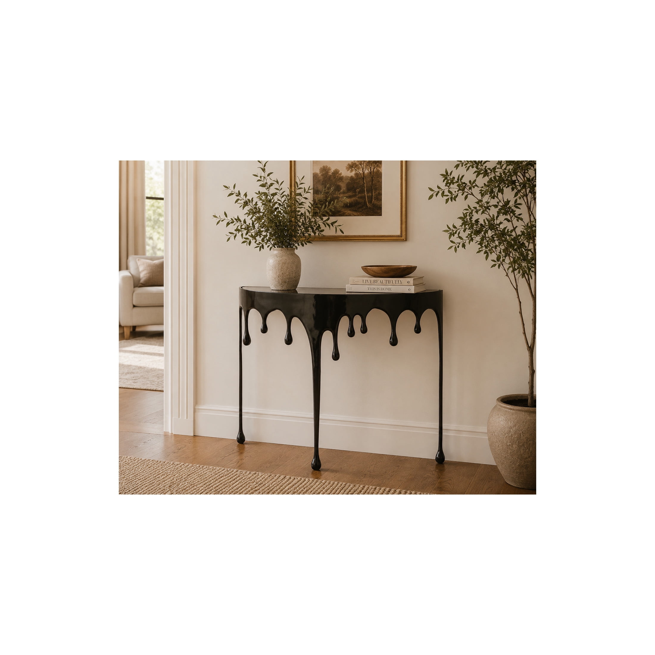 DecMode 36" x 32" Black Aluminum Metal Melting Drip Abstract Console Table with Glass Top, 1-Piece