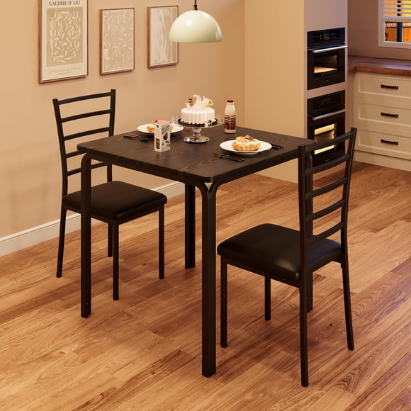 Modern 3-Piece Dining Table Set for 2 – Space-Saving Square Table & 2 Upholstered Chairs–Sturdy Metal Frame, Built-in Wine Rack,Ideal for Small Kitchens, Apartments, Breakfast Nooks – Black Bas-Relief