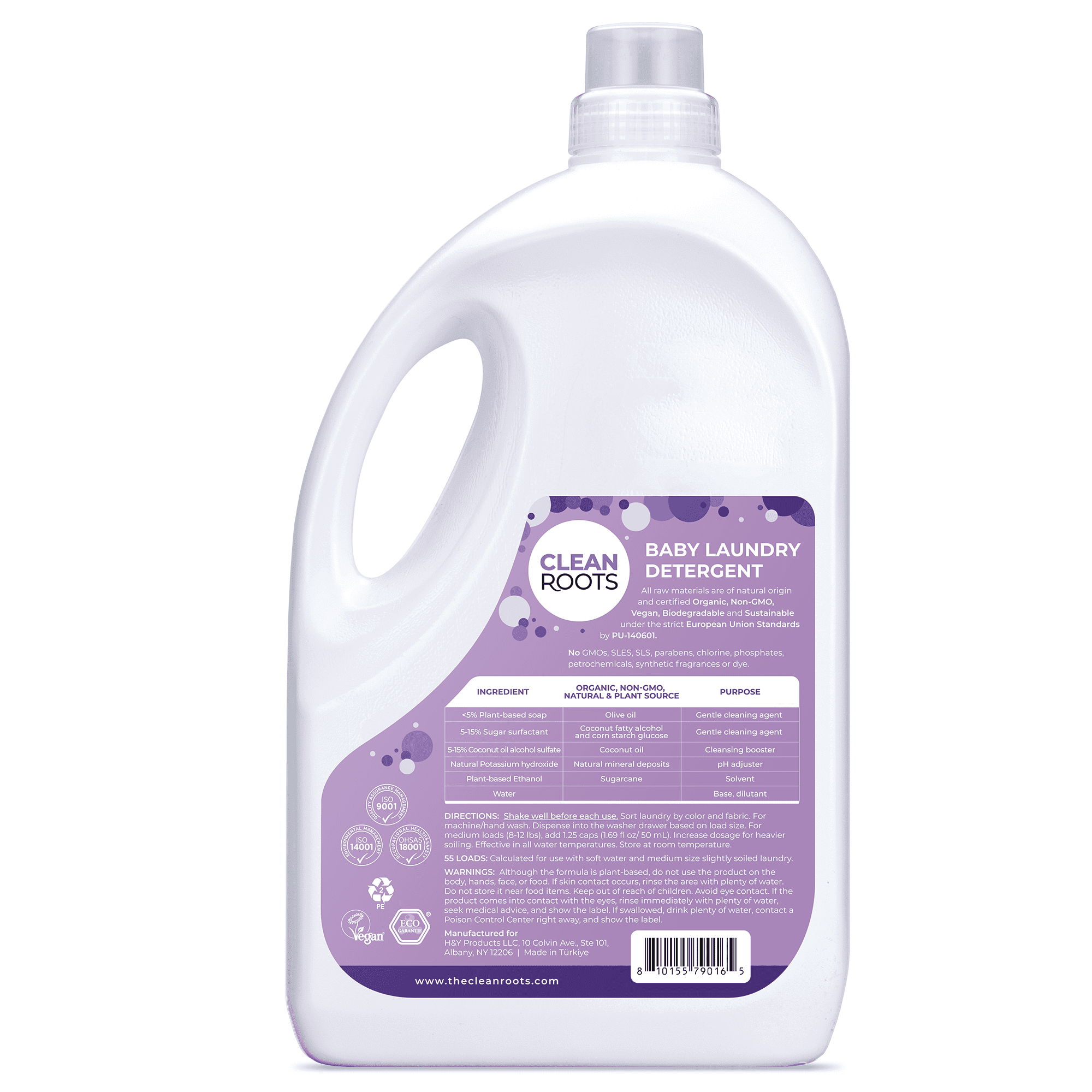 Clean Roots Baby Laundry Detergent, EcoGarantie Certified 100% Organic & Natural, Scent-Free & Hypoallergenic, Dermatologically Tested & Approved - 55 Loads, 92.9 fl. oz (2.75 L)