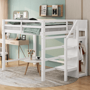 Bellemave Full Size Loft Bed with Stairs and Wardrobe, Solid Wood Loft Bed Full Size with Storage, High Loft Bed for Kids Teens Girls Boys Adult (White