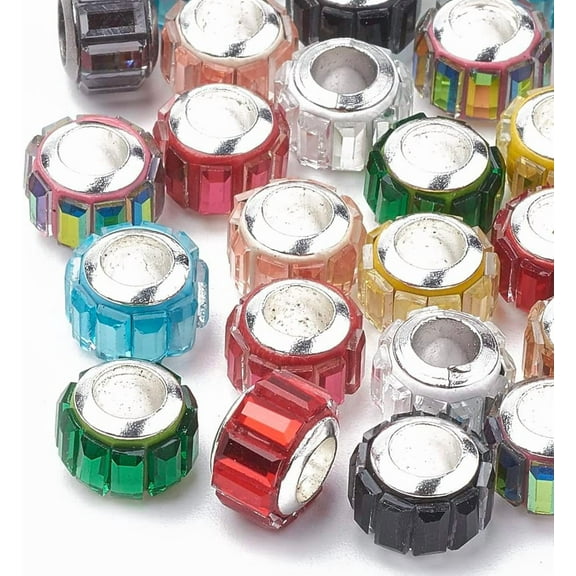 100pcs Glass European Beads 10-10.5mm Large Hole Beads with Brass Core Random Mixed Color Faceted Rondelle Spacer Beads for DIY Charms Bracelet Jewelry Making Hole: 5mm