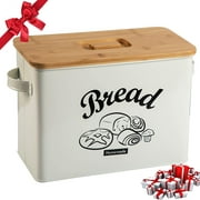 JIRTEMOT Farmhouse Bread Box Metal Container with Bamboo Lid in Beige