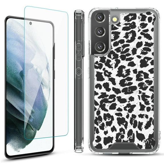 Shockproof Bumper Phone Case for Samsung Galaxy S22  / S22 Plus 5G, with Tempered Glass Screen Protector, by OneToughShield ® - Cheetah B/W