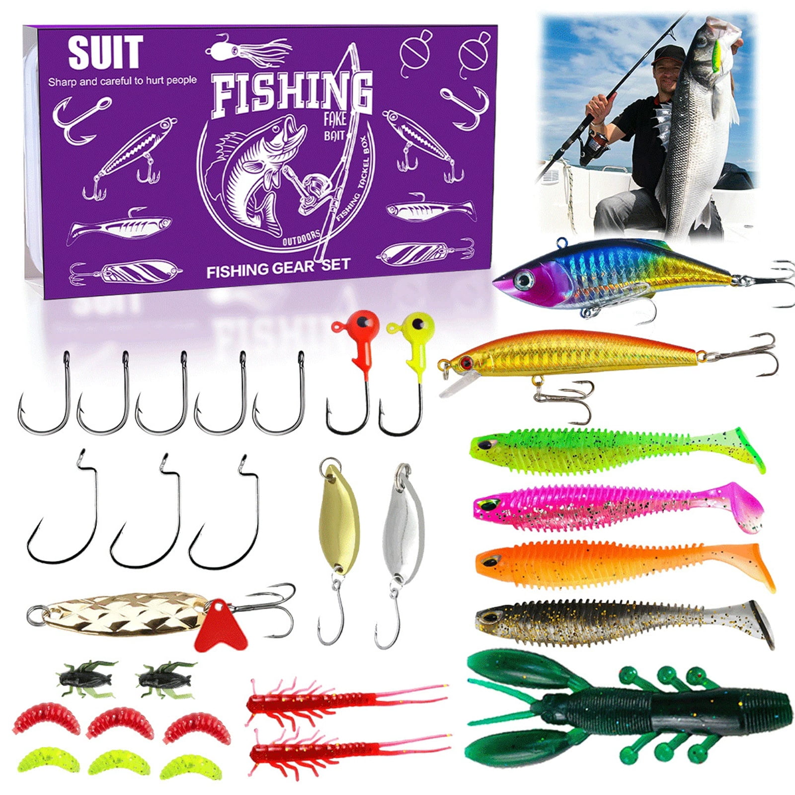 Fishing Lures Soft Plastic, Fishing Soft Plastic Lures 30 Piece Kit with Jig Heads, Treble Hooks, Freshwater Fishing Tackle Kit Purple for Outdoor Angling Gifting