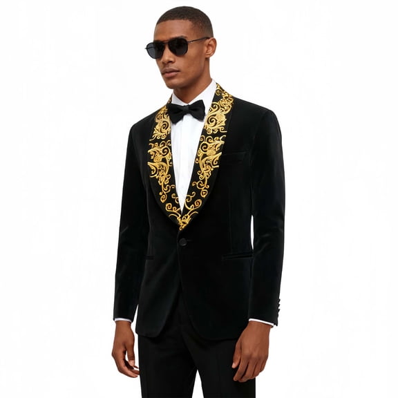 Men's Black Gold Embroidery Blazer, Court Prince Suit Jacket, Gold Embroidered Blazer