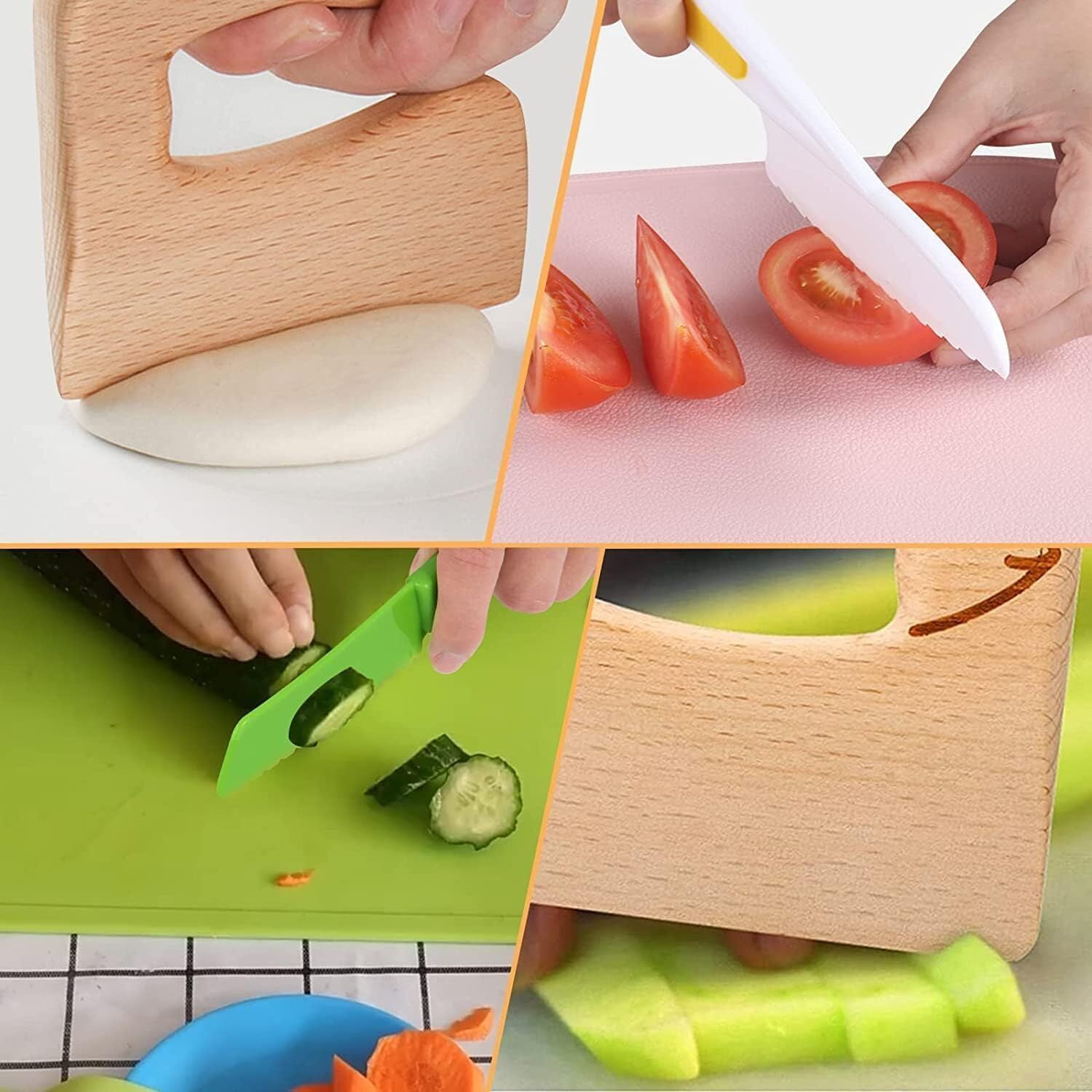 Kids Kitchen Safe Knife Tools for Real Cooking,Toddler Kitchen Tools Wooden Kitchen Knife Set with Gloves Plastic Wooden Knives, Sandwich Cutters Plastic Kid Safe Knives,8 Pcs Bread Cutter for Kids