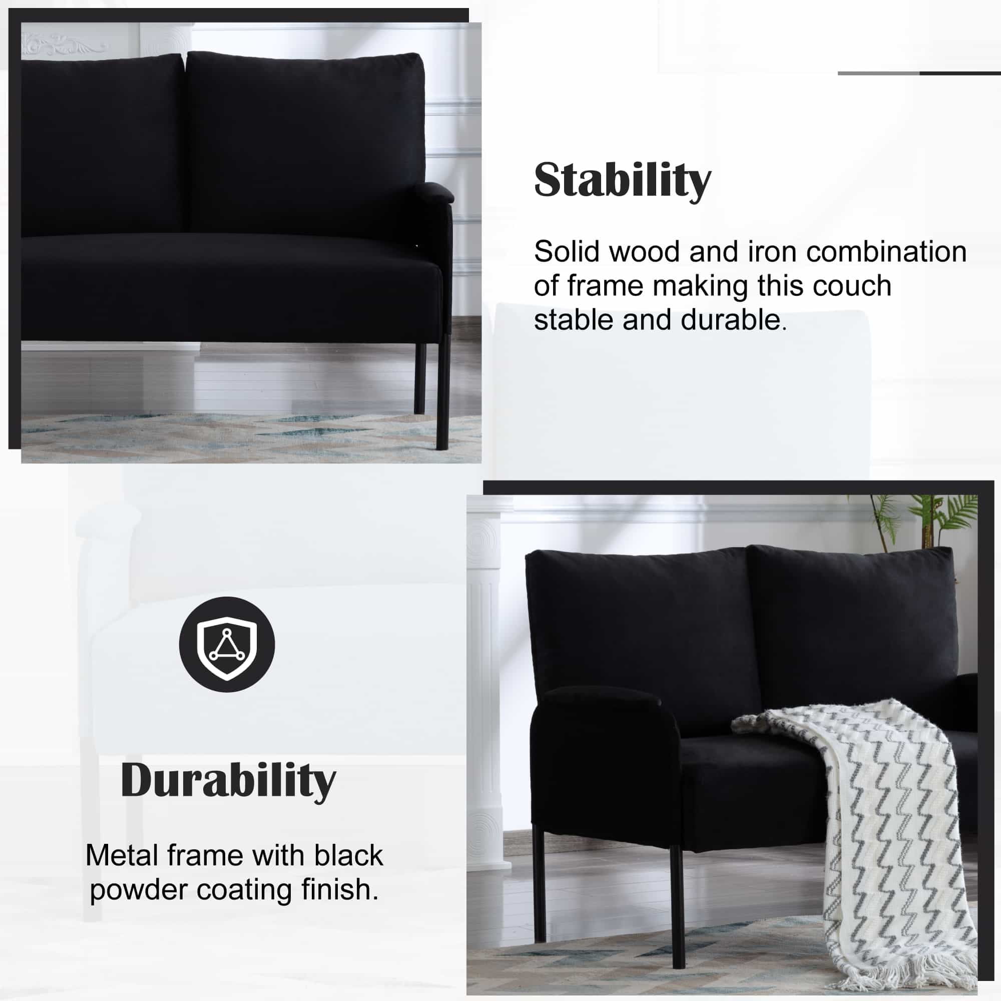 BSHTI Velvet Upholstery Loveseat Couch,2 Seating,Metal Frame,High-density Fam Seat Loveseat,Well in Apartments or Rooms with Limited Space(Black)