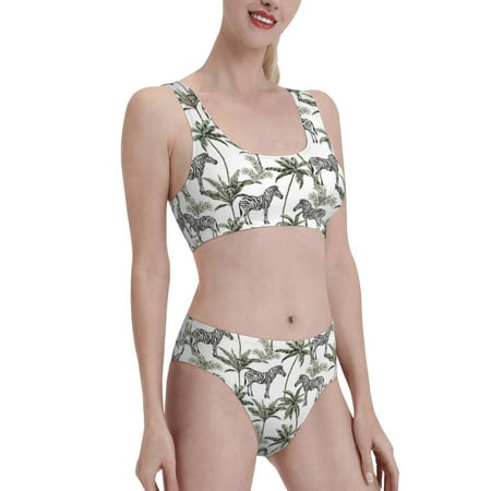 Uemuo Palm Trees Zebra Printed Women s High Waisted Bikini Sets Sporty Two Piece Swimsuits Color Block Cheeky High Cut Bathing Suits-Large