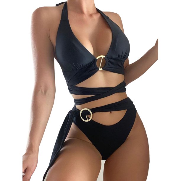 Conjunto de bikini de cuello alto para mujer Traje de baño de dos piezas Criss Cross Bandage Traje de baño XBTCLXEBCO Negro, CH