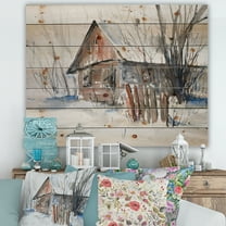Designart 'Old Abandoned Wooden House In Winter Snow Picture' Traditional Print on Natural Pine Wood