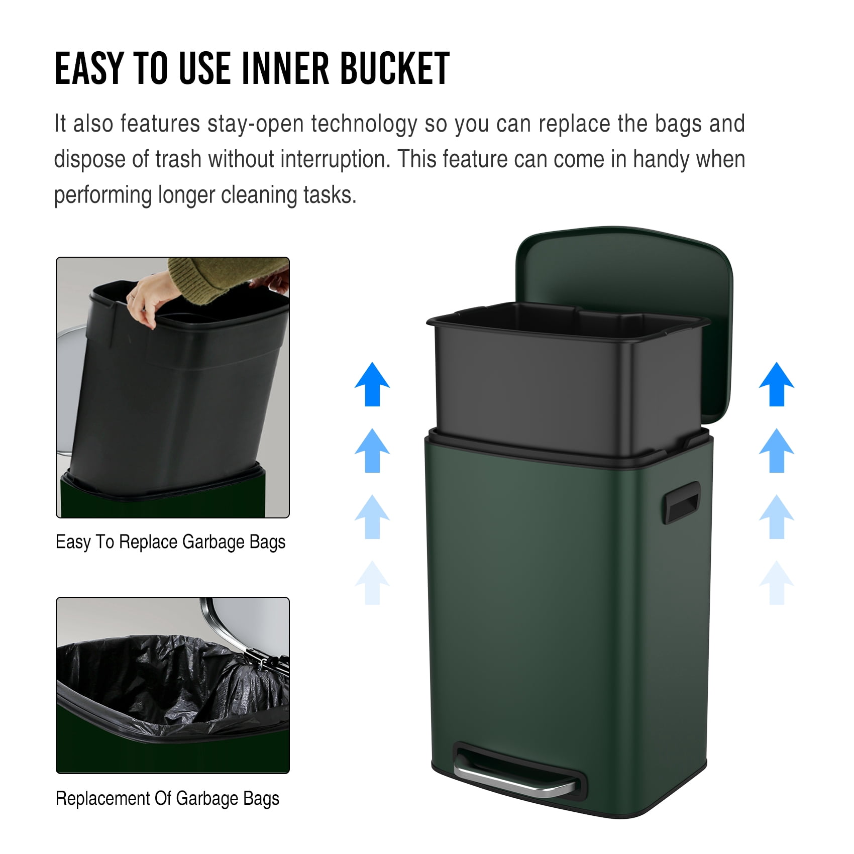 Miniyam 50L/13Gal Hands-Free Stainless Steel Trash Can with Foot Pedal, Fingerprint-Resistant Soft Close Lid Garbage Can, Green