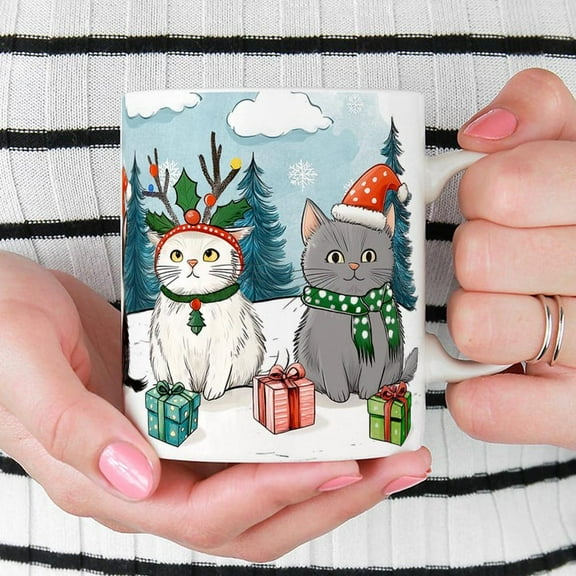 Festive Winter Christmas Cats Ceramic Coffee Mug, Cute Whimsical Holiday Gift Cup for Mom Daughter Friend Coworker Him Her Festive Gift Mug