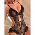 thumbnail image 2 of Seductive Ruffle Lace Mesh Teddy, Cut Out Deep V Backless Lace Up Open Crotch Bodysuit, Women's Sexy Lingerie & Underwear, 2 of 5