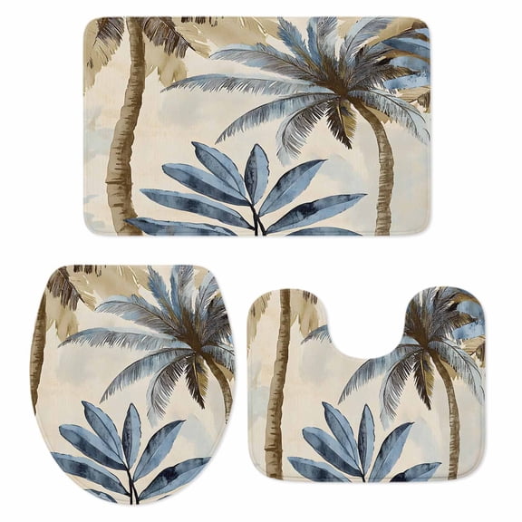 Palm Trees Bath Mat 3 Piece Bathroom Rug Set, Blue Brown Vintage Watercolor Tropical Non Slip Bath Rug Contour Mat and Toilet Lid Cover, Absorbent Shower Mats Soft Bath Rugs and Mats Sets