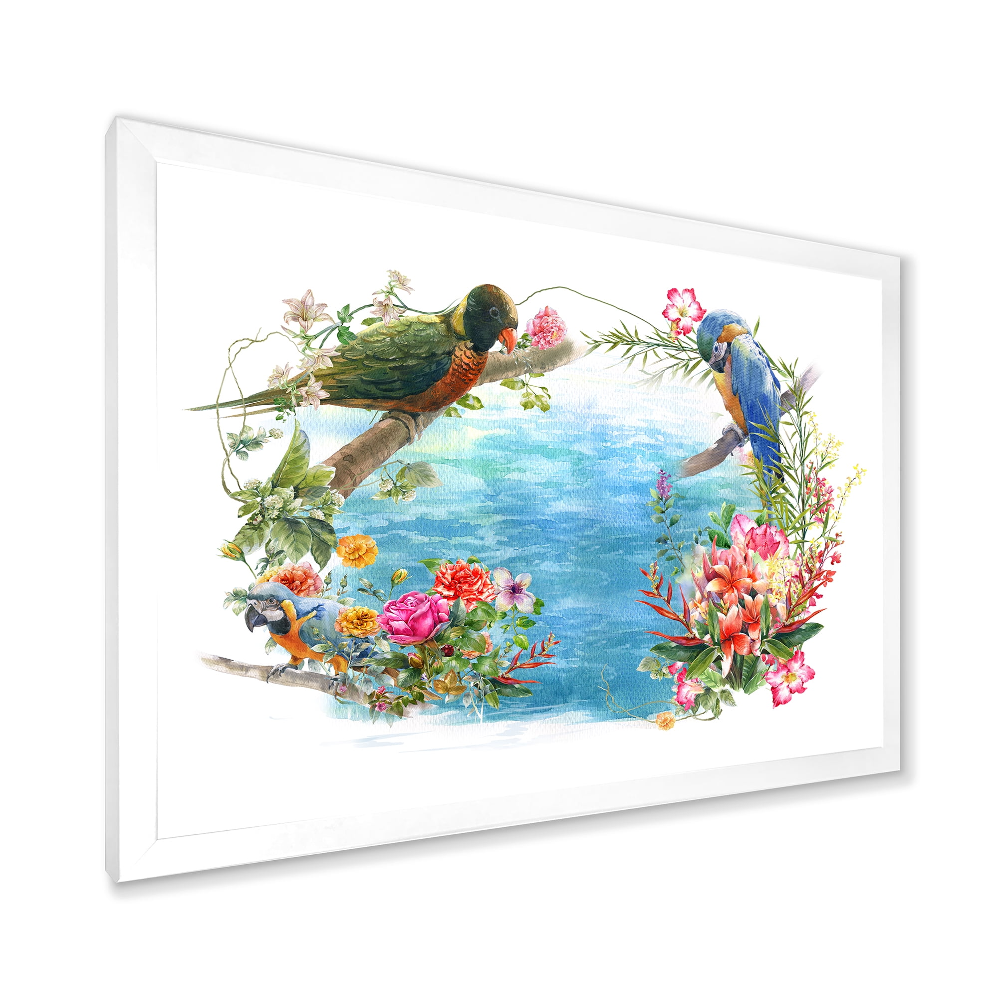 Designart 'Parrots and Flowers By The Blue Waterside' Traditional Framed Art Print