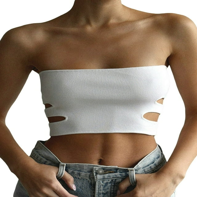 Women Tube Tops Solid Color Cutout Boat Neck Strapless Tank Tops Summer Backless Bandeau Shirts