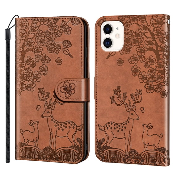 TOP SHE Case For iPhone 11,Sika Deer Flip Synthetic Leather TPU Case Cover with Wallet Lanyard Anti-Scratch Shockproof Bumper Case,Brown