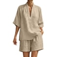 thumbnail image 2 of Cagogo Women Plus Size 2 Piece Set V Neck 3/4 Sleeve Shirt Shorts Casual Solid Loose Travel Outfits Lounge Tracksuits Summer Cruise Clothes Matching Lounge Sets, Beige L, 2 of 7
